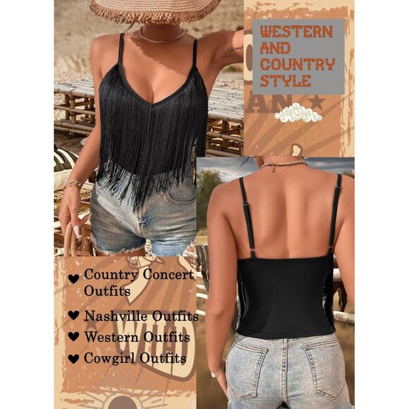 Women's Black Fringe Tank Top Western Festival Clothing Cowgirl V Neck Outfits - Picture 3 of 6